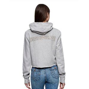 TRUE Religion Studded Bedazzled Gray Cropped Pintuck Pullover Hoodie Size Small